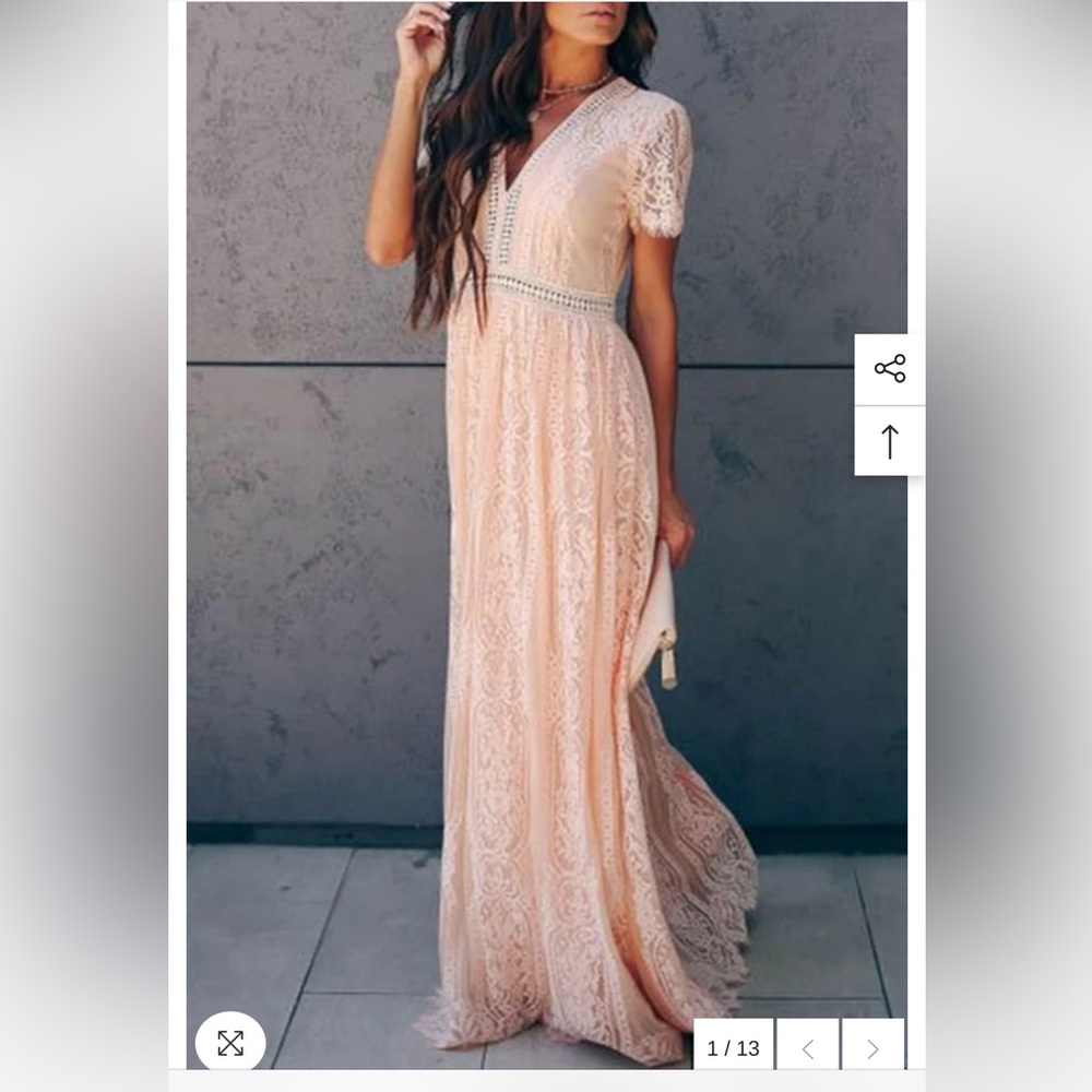 Cream beige lace boho gown lace dress V neck bridesmaid dress, prom gown S